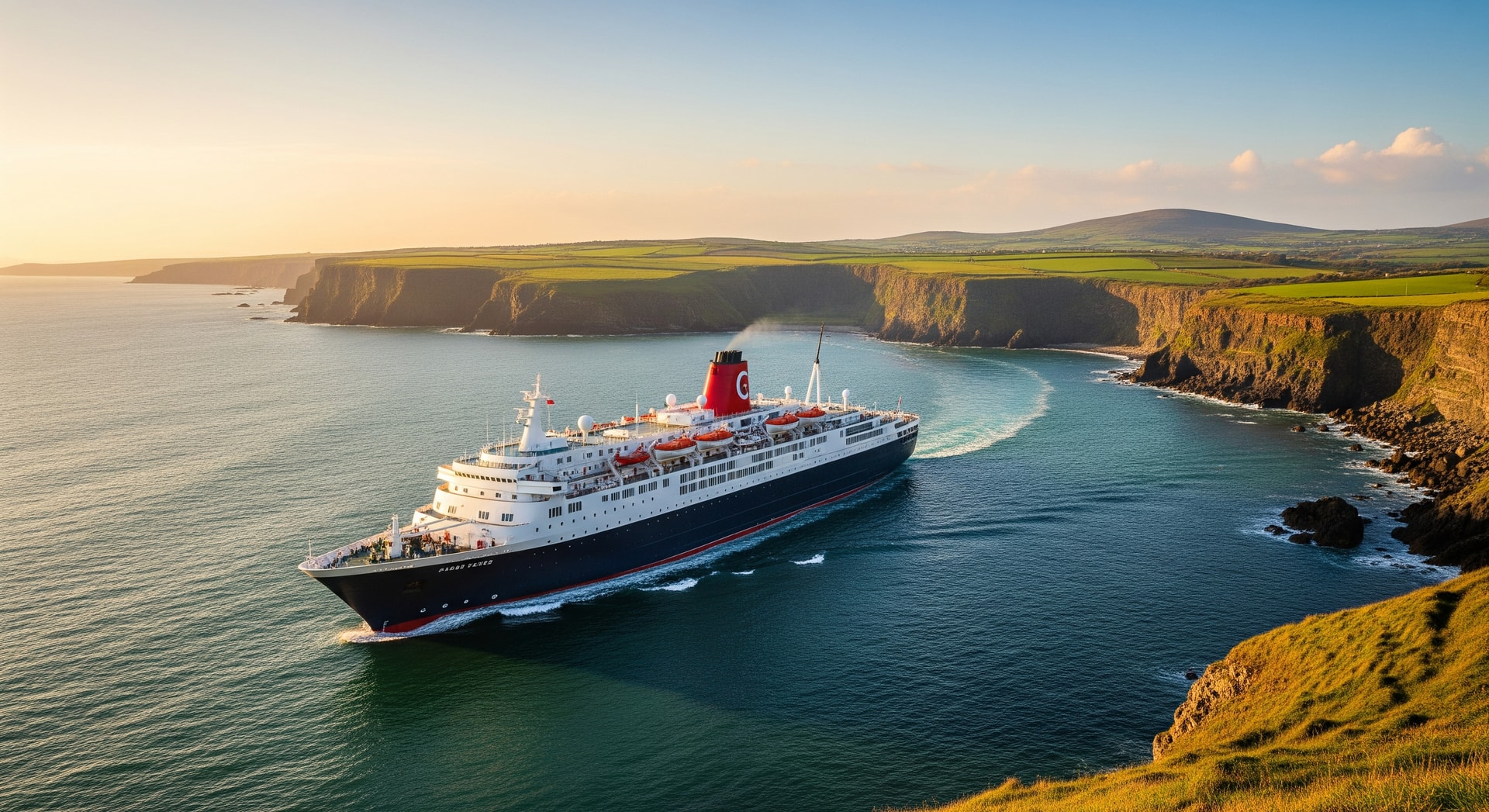 Ambassador Cruise Lines ship sailing along the Irish coast near Dublin
