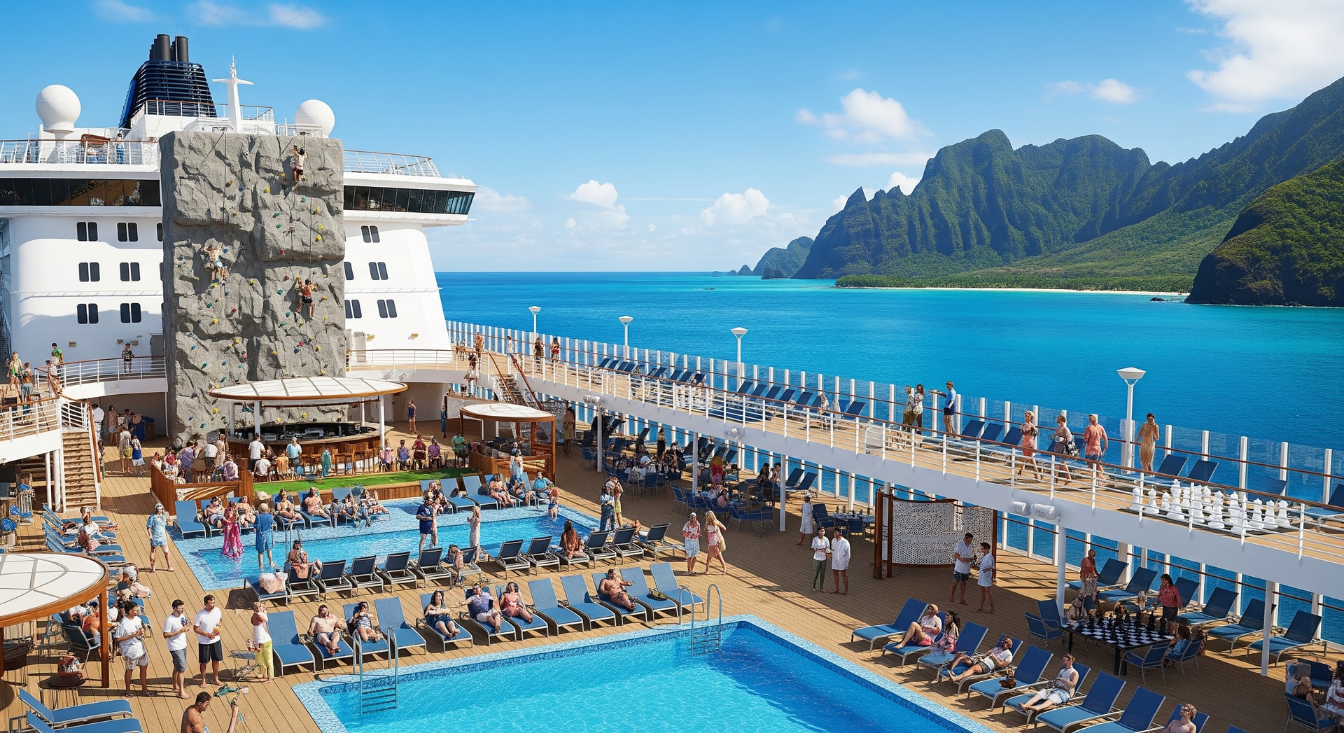 A Norwegian Cruise Line ship at sea with passengers on deck, illustrating expanded itineraries and onboard experiences