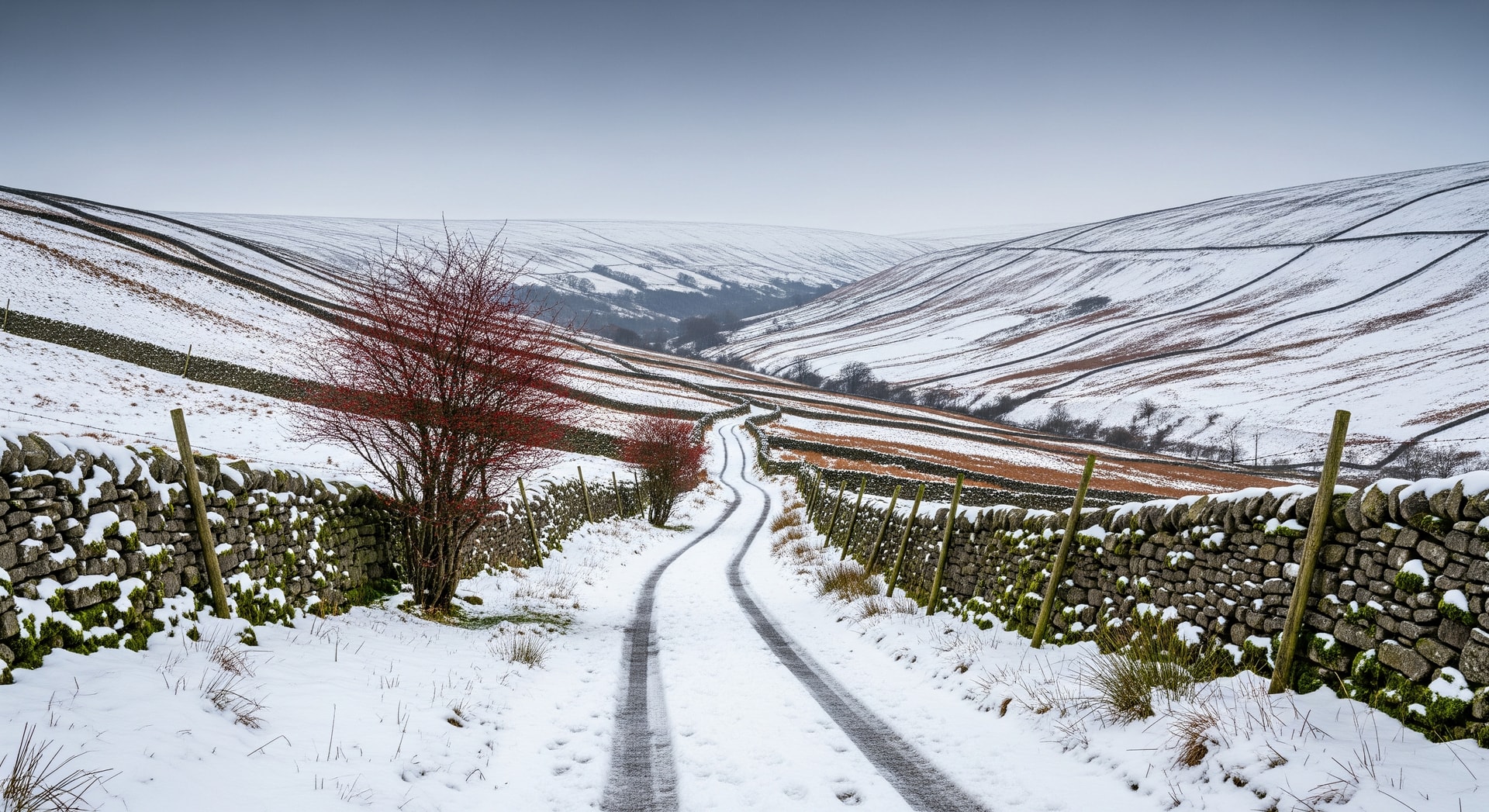 Snow-covered lanes in the Yorkshire Dales with grey winter skies