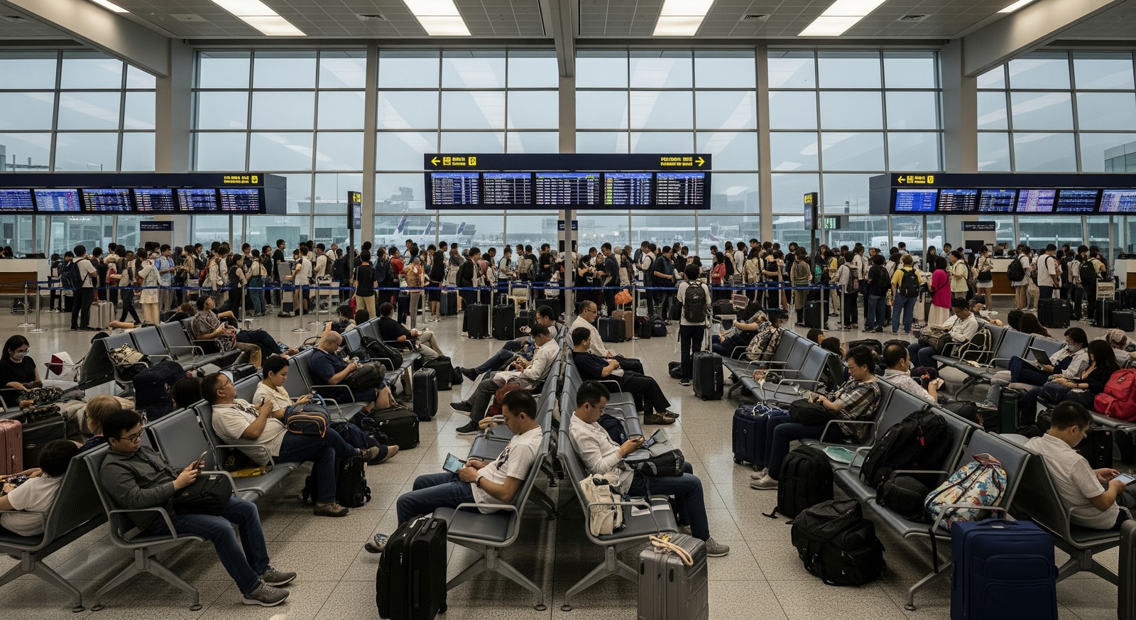 Passengers waiting at an airport departure hall during severe weather-related flight disruptions in Asia