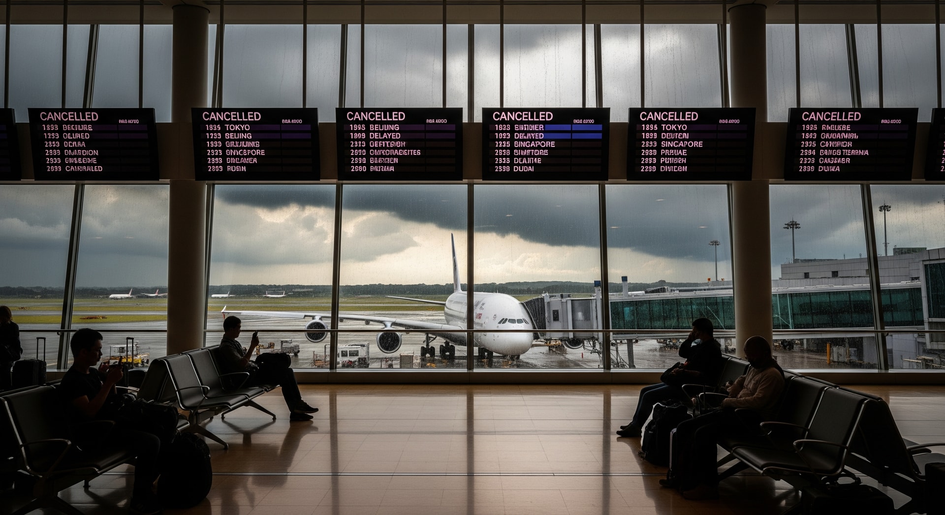 Airport terminal with grounded aircraft under stormy skies, illustrating flight cancellations and delays across Asia