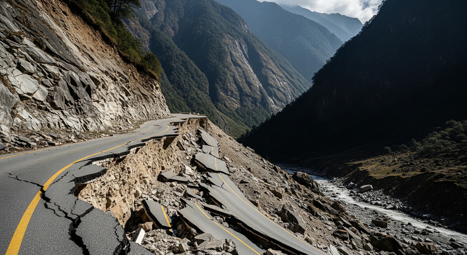 Road and mountain landscape near Sikkim showing travel routes impacted by seismic activity