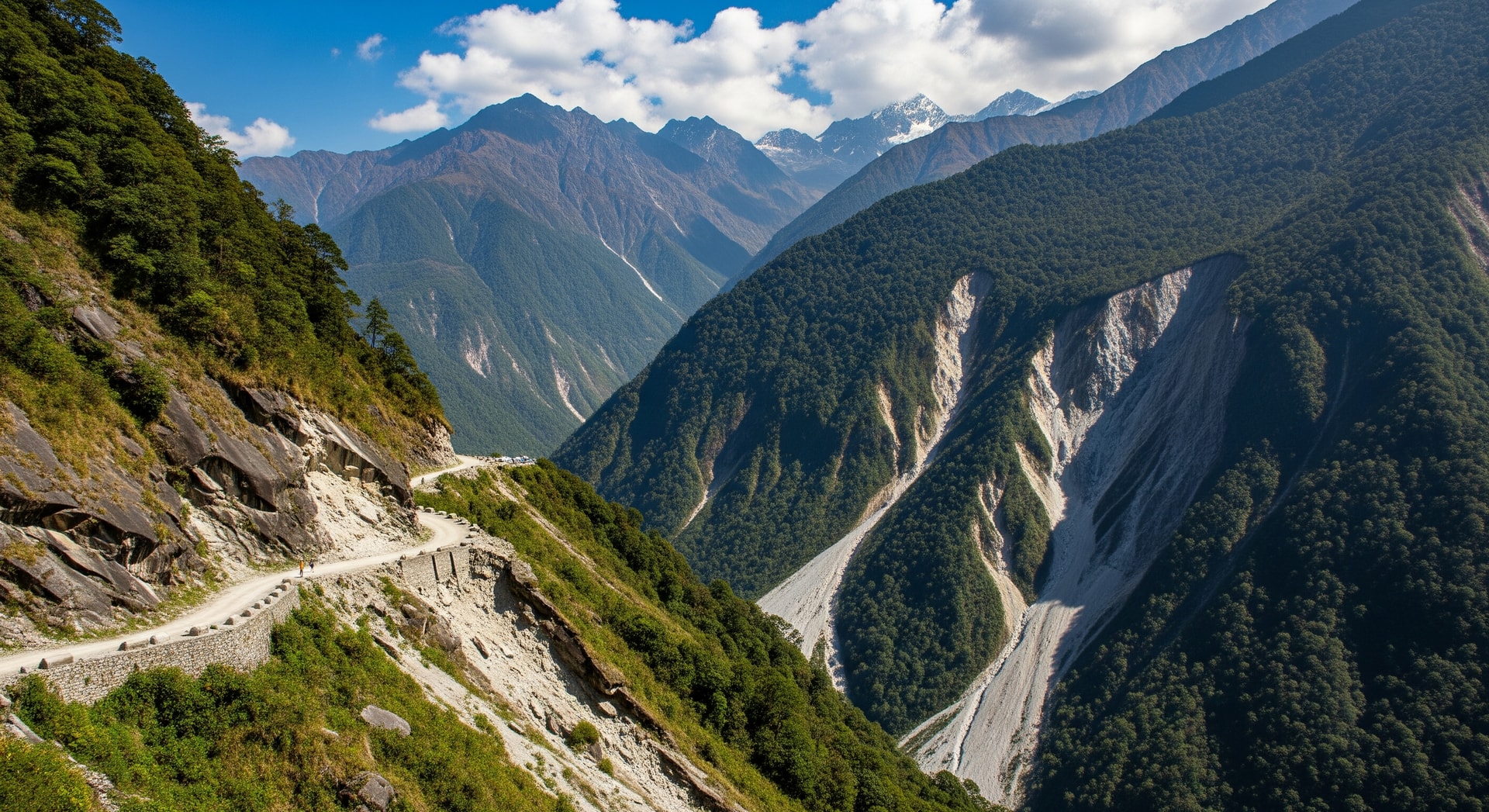 Himalayan hillside road and mountain scenery near Sikkim, showing terrain vulnerable to seismic activity