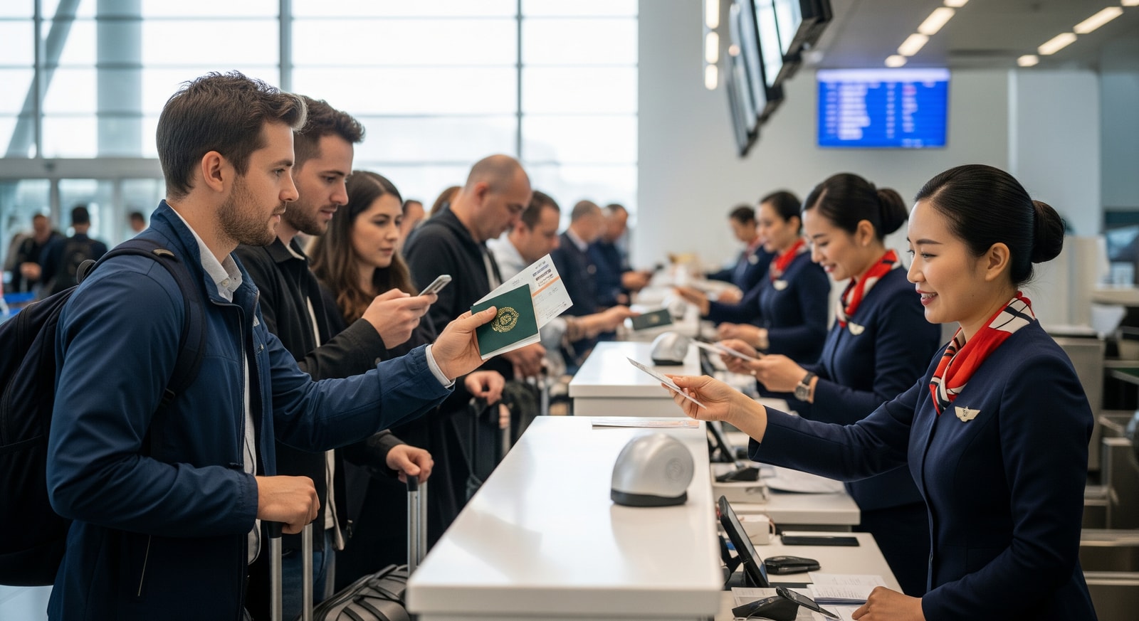 Airline check-in counters with travelers presenting passports and visas for a Singapore-bound flight under pre-departure screening rules