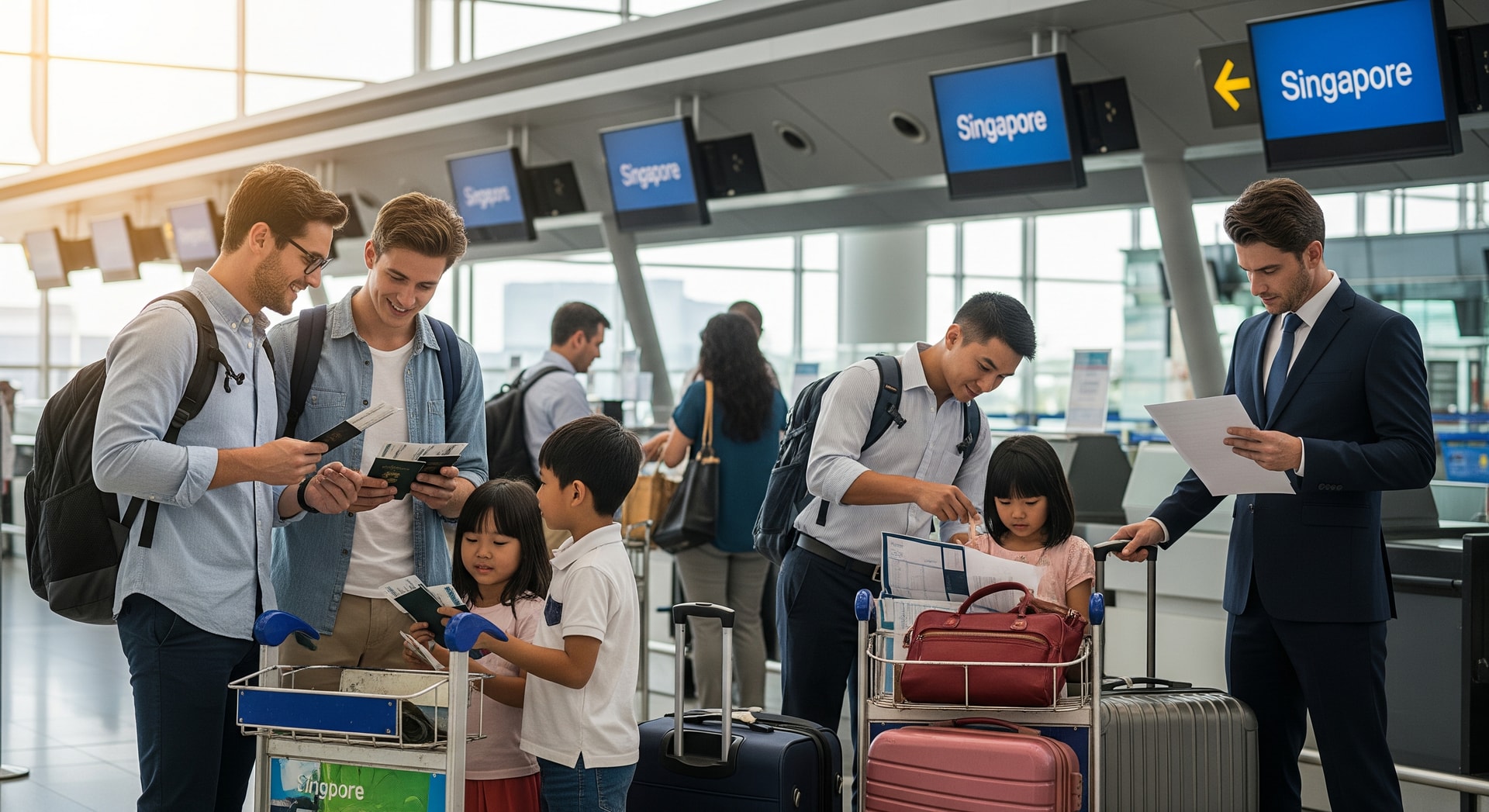 Passengers at an airport check-in area preparing documents for an international flight to Singapore