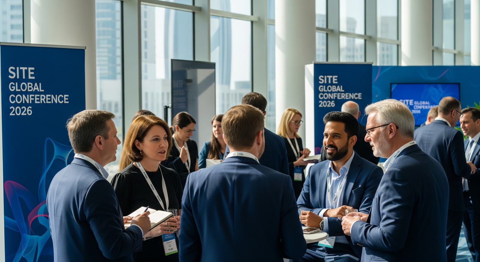 Delegates networking at SITE Global Conference 2026 in Abu Dhabi with conference branding visible