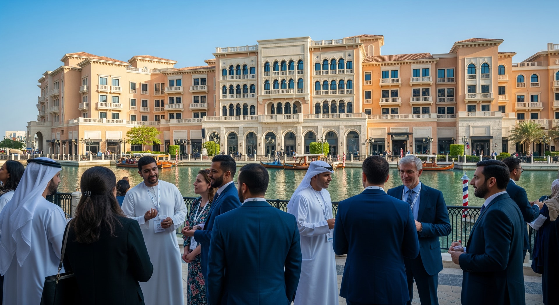 Delegates at a conference event in Abu Dhabi with the Grand Canal hotel in the background