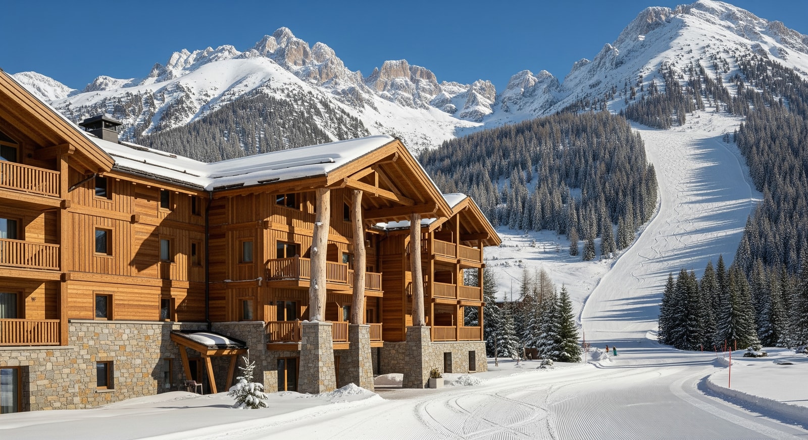 Exterior of Cedars Hotel with ski slopes and Northern Alps visible, showing cedar-clad architectural accents