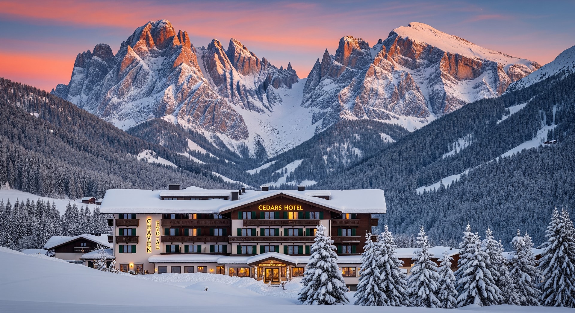 Cedars Hotel exterior with snow-covered slopes and Northern Alps in the background