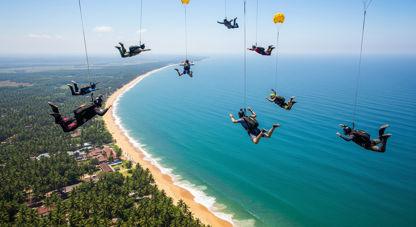 Skydivers above the Sri Lanka coastline near Bentota, illustrating potential skydiving drop zones and adventure tourism