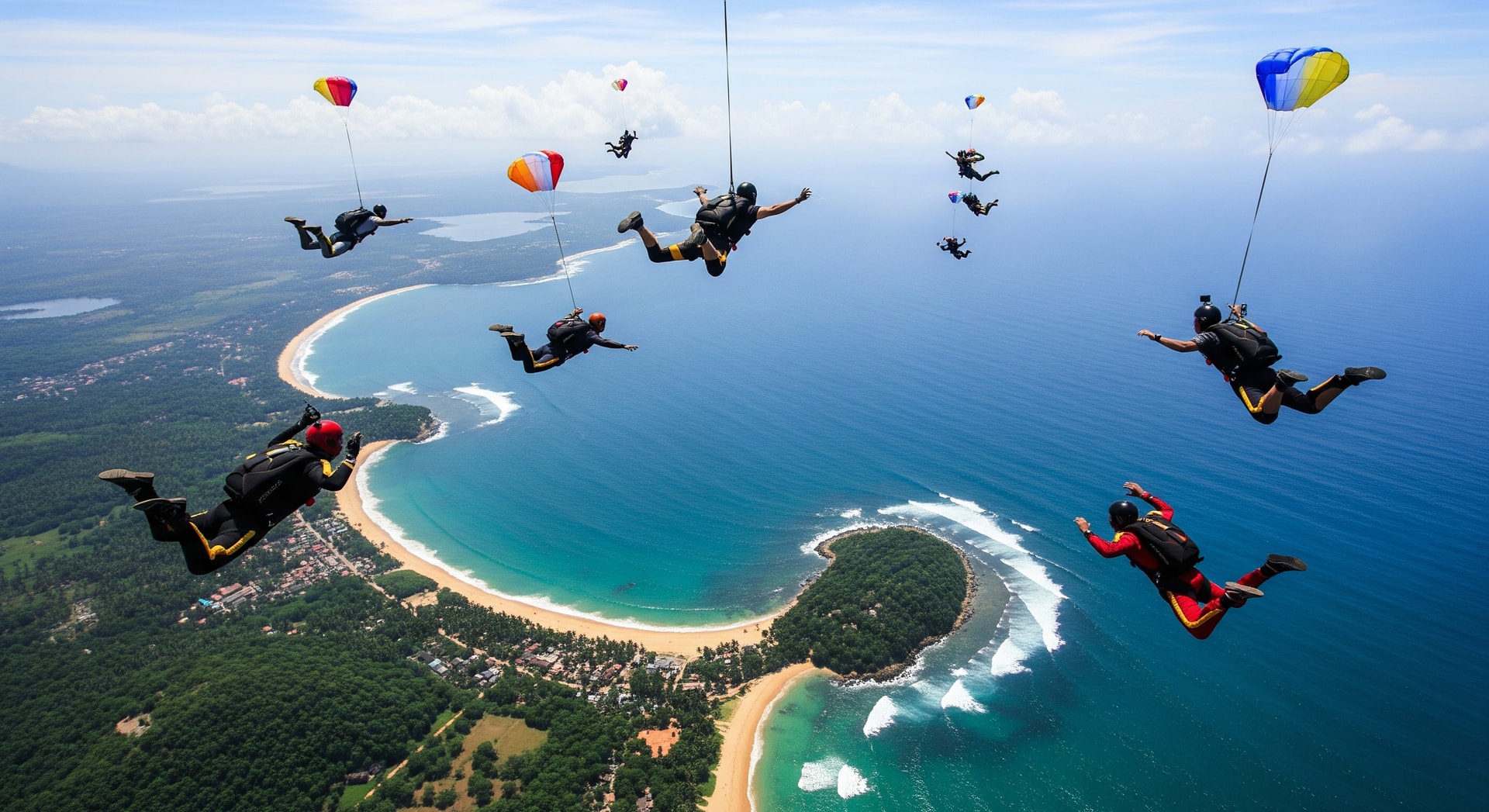 Skydivers over Sri Lanka coastline near Bentota, showcasing potential adventure tourism