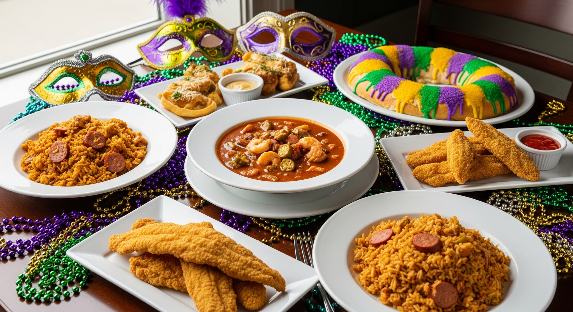 Dining setup at SoBo 20 with dishes inspired by New Orleans and Mardi Gras flavours