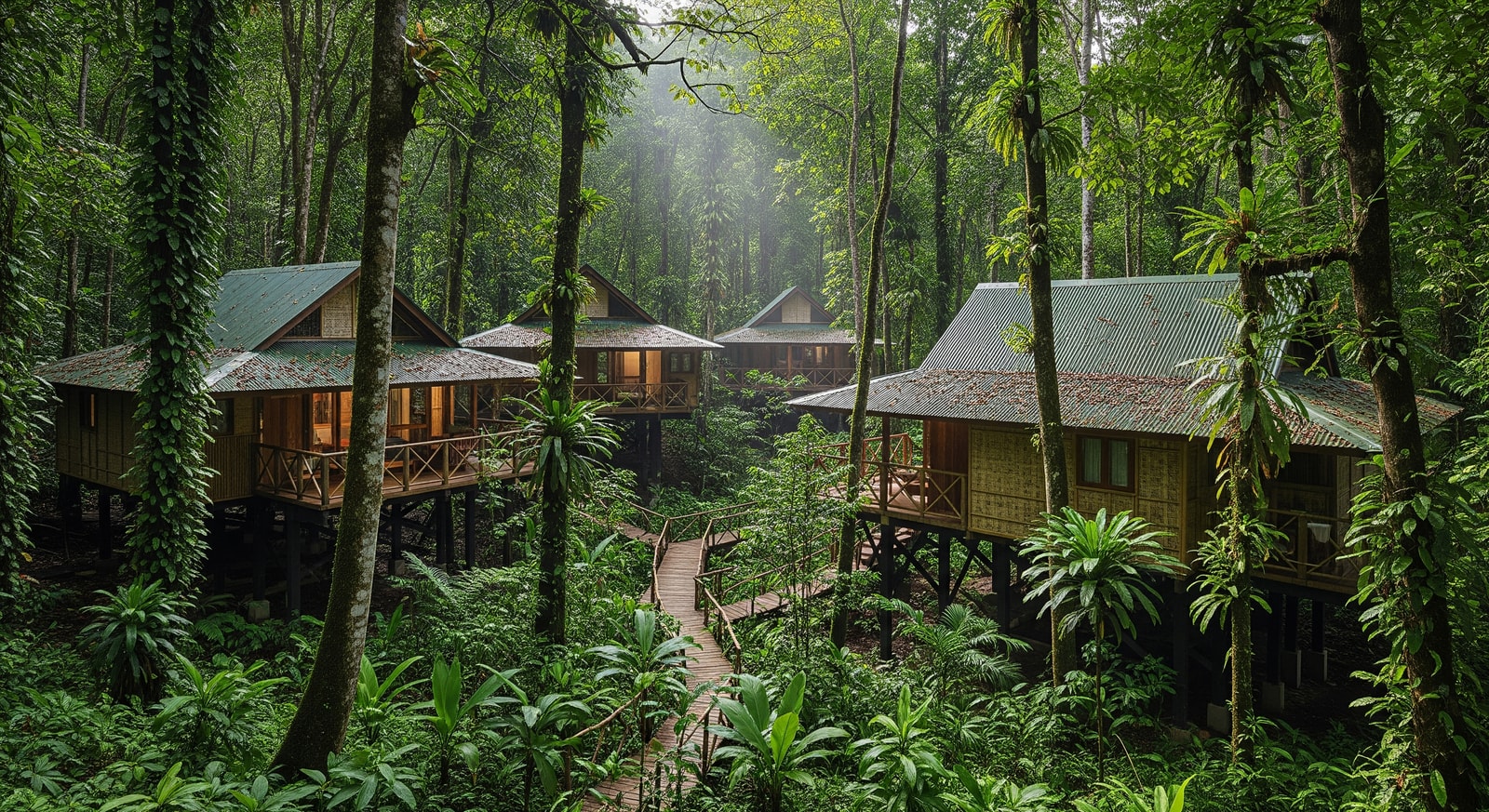 Eco-tourism lodge buildings surrounded by tropical rainforest in Central Guadalcanal, Solomon Islands