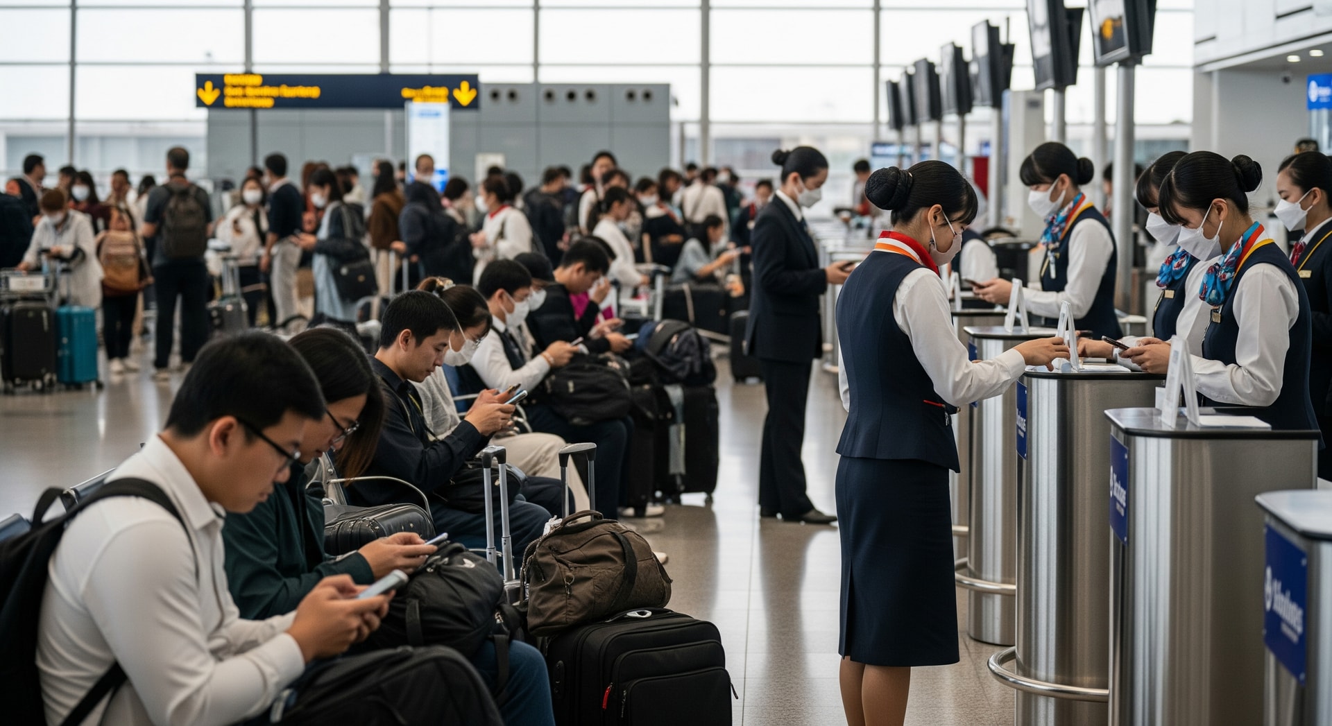 Passengers at an airport terminal checking updates on mobile devices as staff coordinate across services