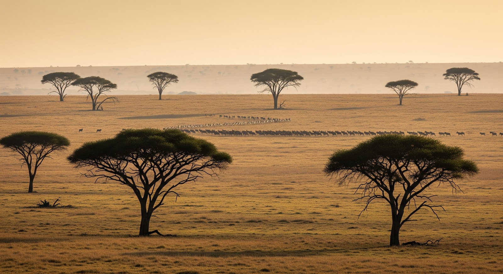 South African safari landscape with acacia trees and a distant herd, representative of wildlife tourism