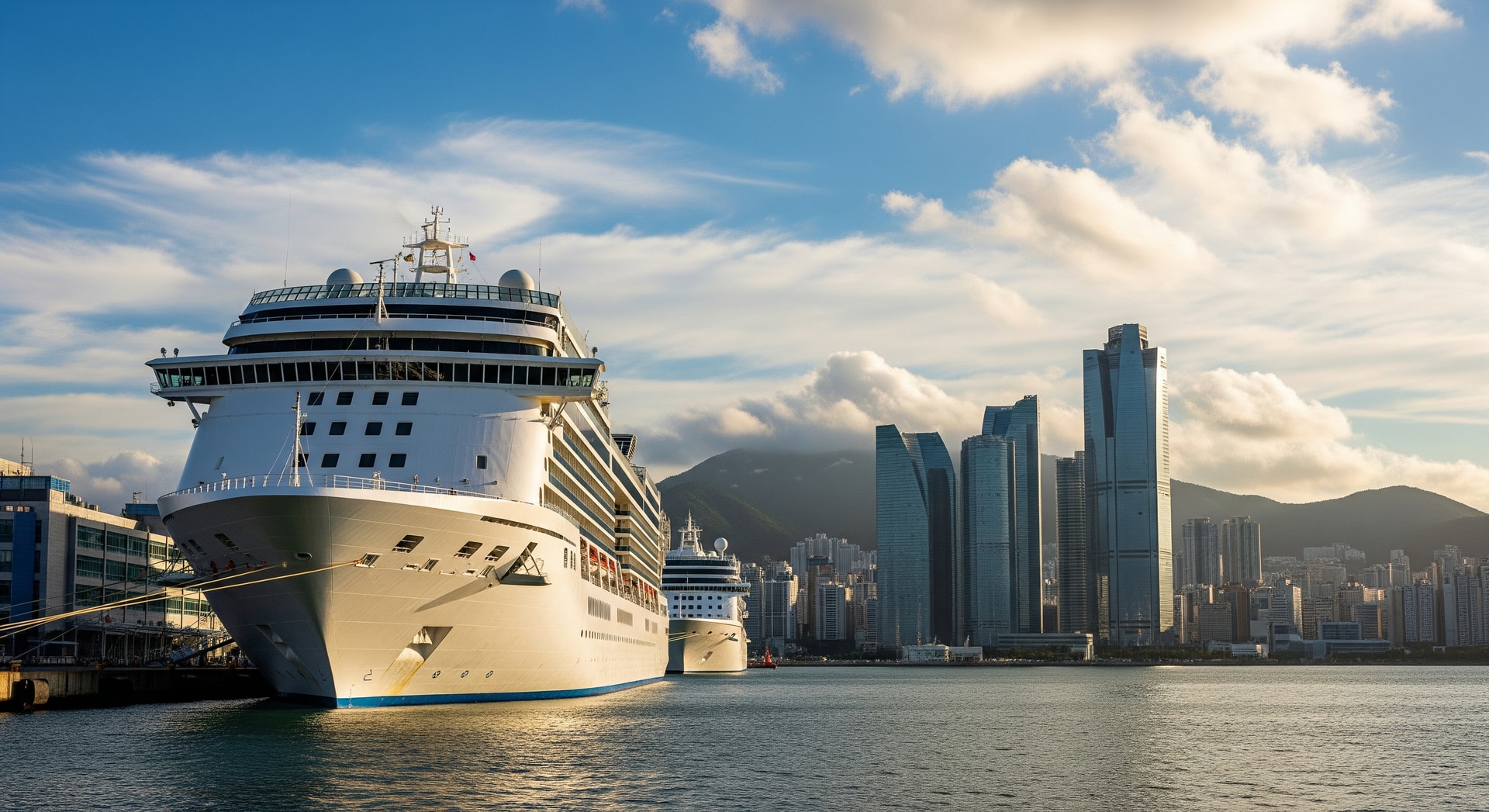Cruise ships docked at Busan port with city skyline and mountains in the background