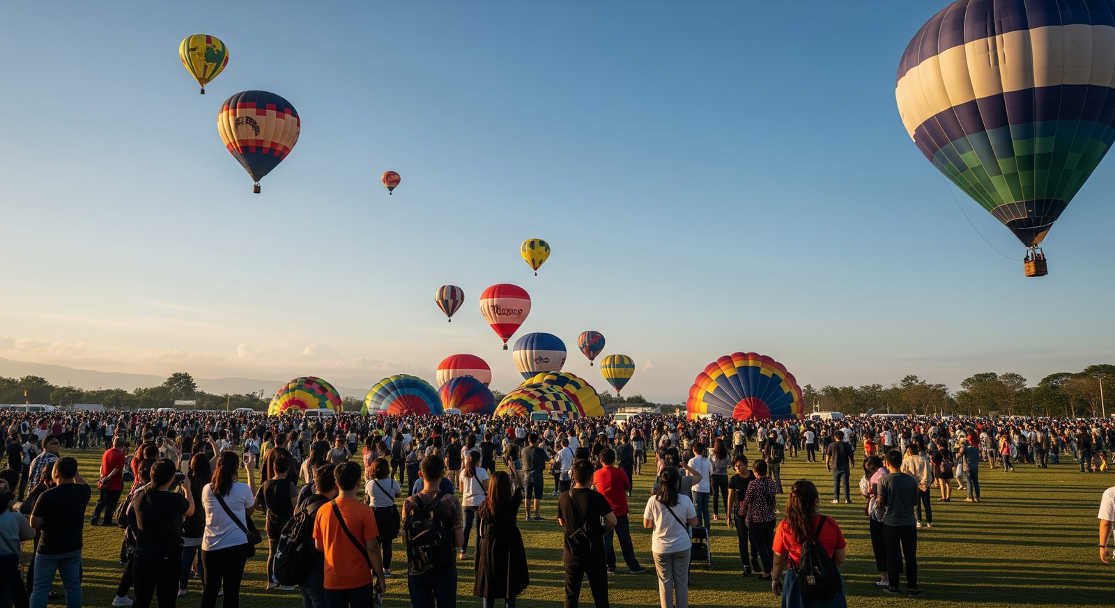 Colourful hot air balloons over New Clark City during the Philippine International Hot Air Balloon Fiesta, with spectators on the ground