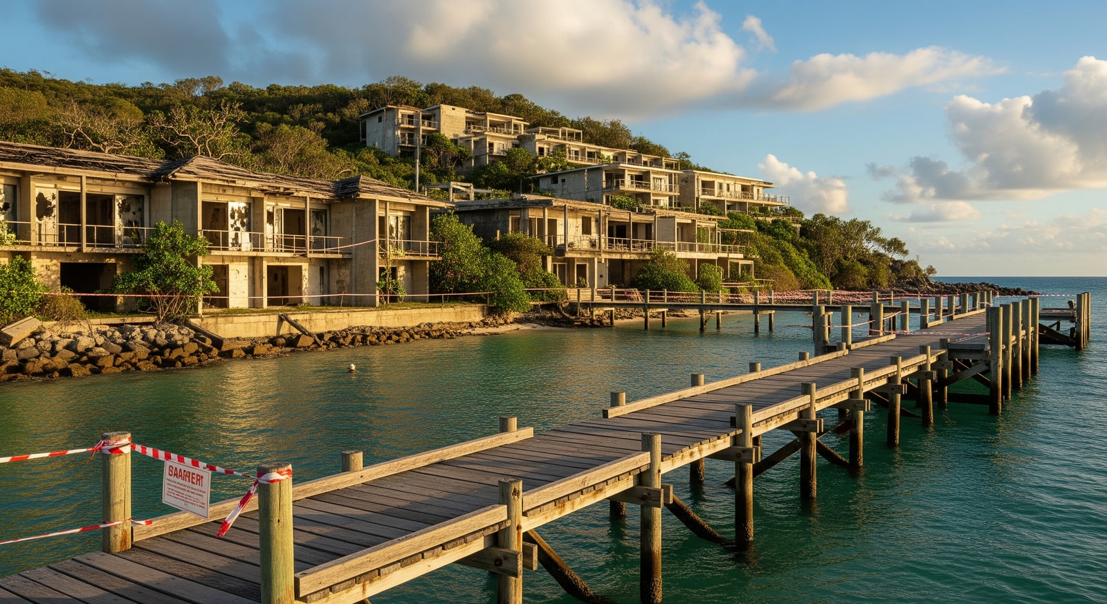 Overgrown, disused resort buildings and a damaged jetty on South Molle Island, showing barriers to tourism access in the Whitsundays