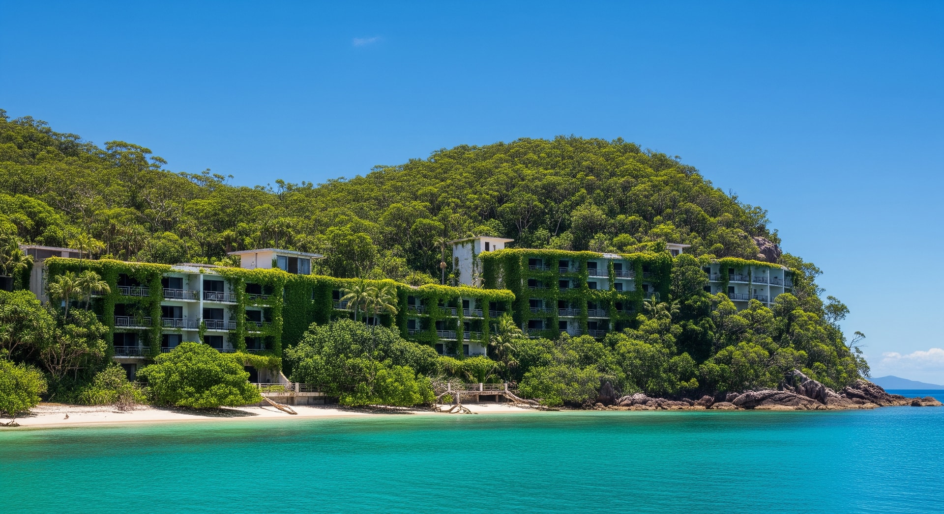 Coastal shoreline and overgrown resort structures on South Molle Island, Whitsundays, Queensland