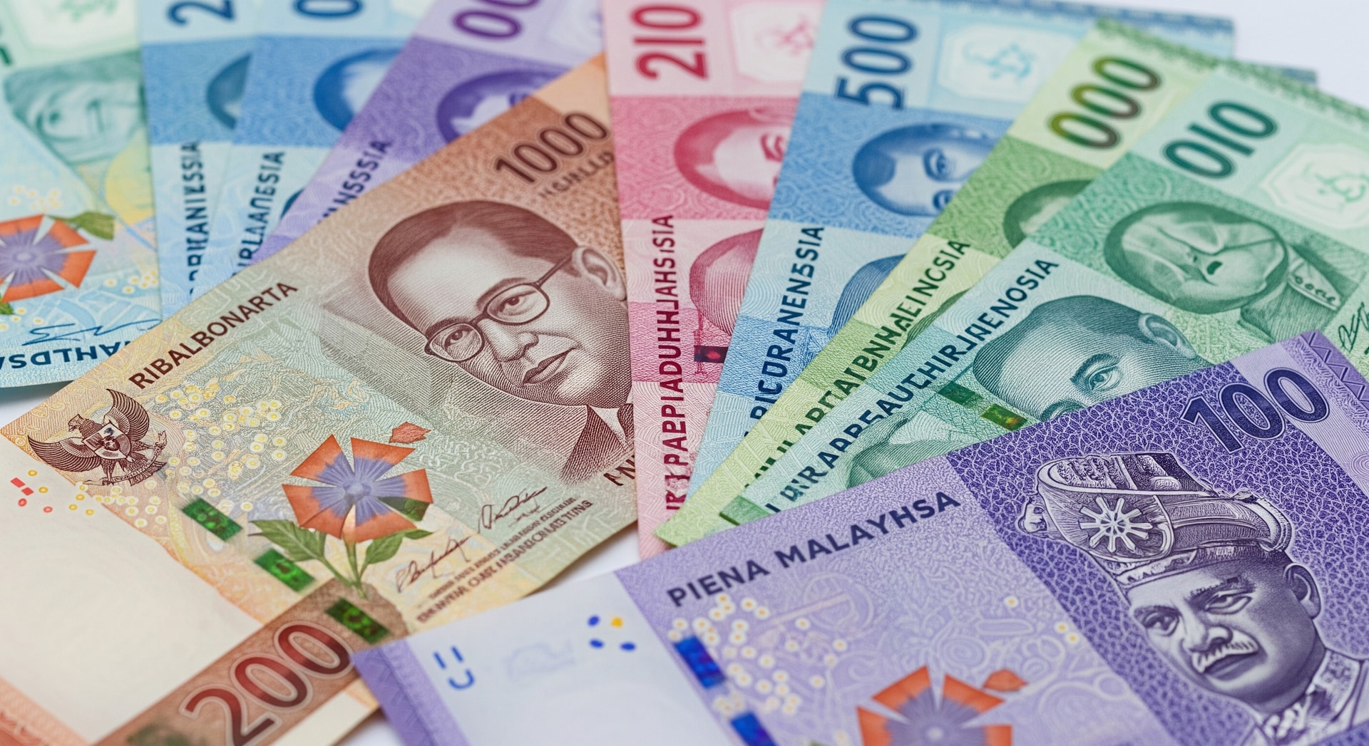 Currency notes from Southeast Asian countries including rupiah, peso and ringgit