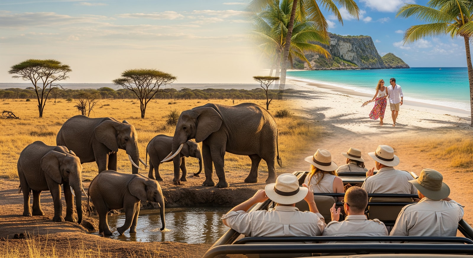 Tourists on safari and beach destinations representing multi-destination travel from Southern Europe to Africa