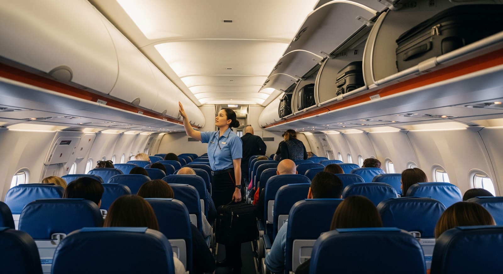 Southwest Airlines cabin showing overhead bins and crew accessing storage amid passenger boarding