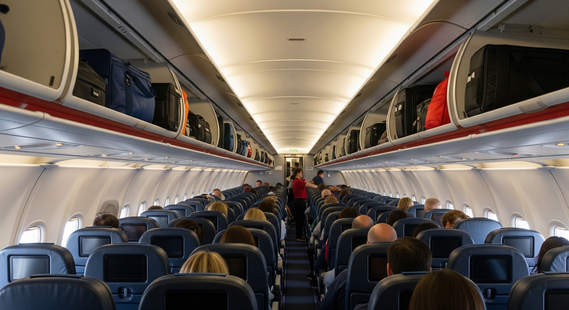 Southwest Airlines cabin interior showing overhead bins and aisle congestion