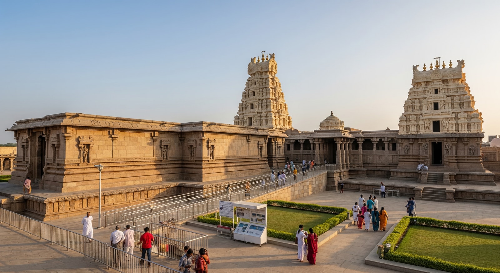 Pilgrims and heritage structures at Jogulamba Devi Temple in Telangana, showing upgraded pilgrimage infrastructure