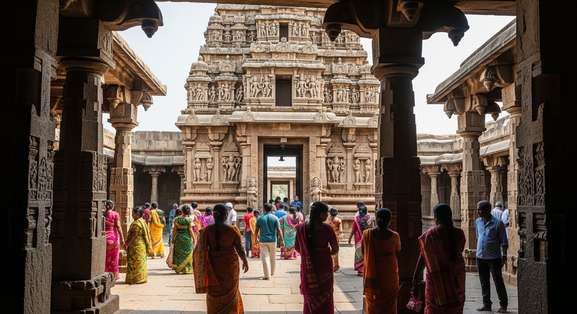Pilgrims at Jogulamba Devi Temple in Telangana with heritage architecture in the background