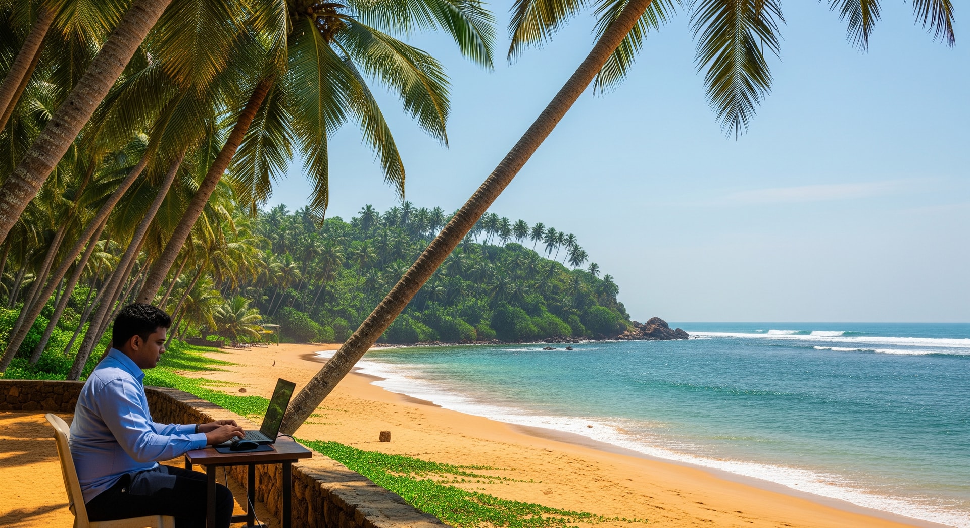 Coastal view of Sri Lanka with palm trees and a remote worker using a laptop