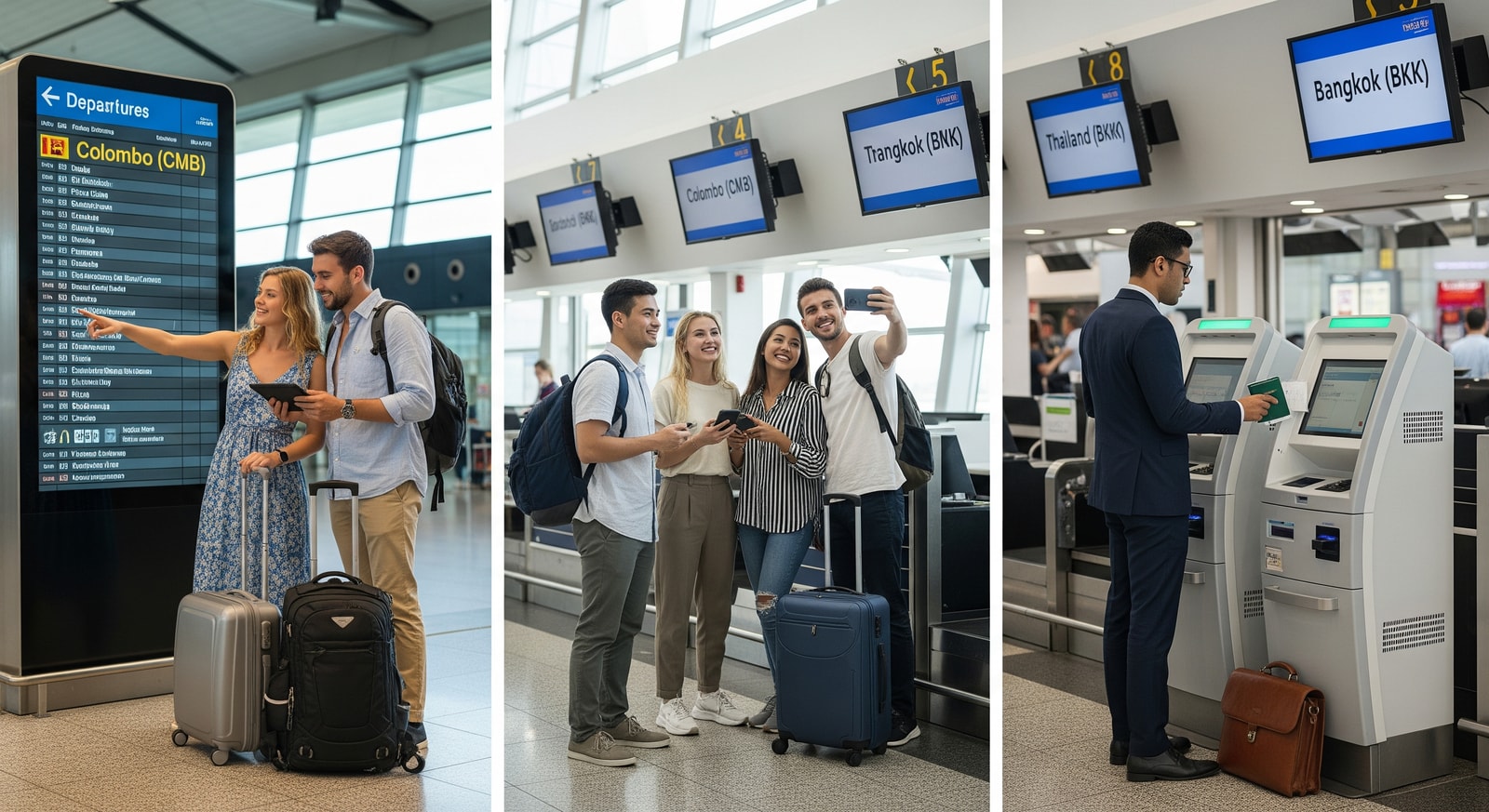 Passengers at an international airport checking flights and visas for travel to Sri Lanka, Thailand and the UAE