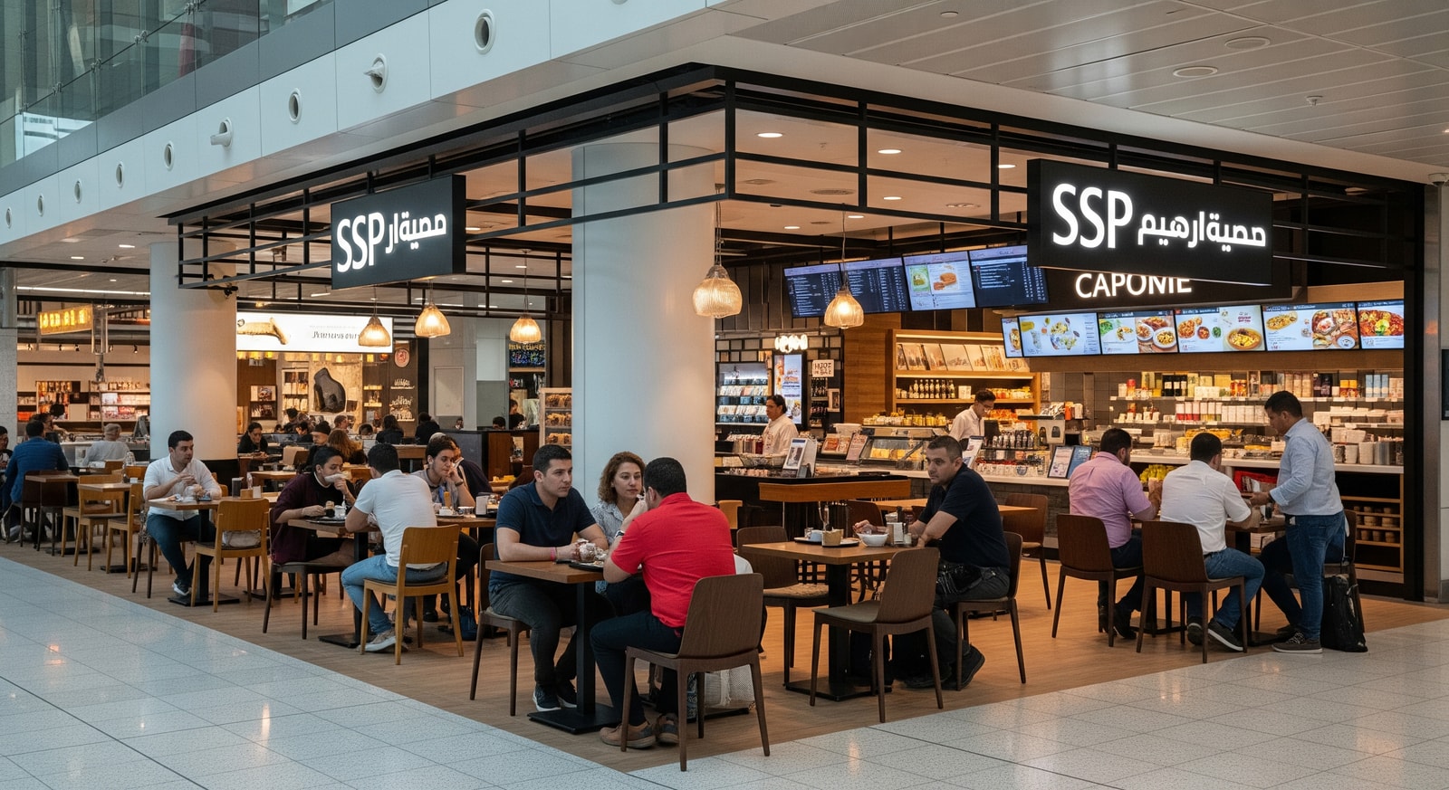 Passengers dining at food and beverage outlets inside an Egyptian airport terminal, illustrating SSP’s retail presence