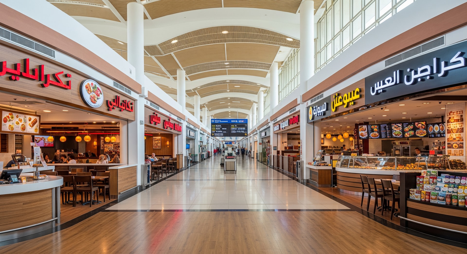 Terminal concourse at Sharm El Sheikh International Airport showing passenger dining outlets and signage