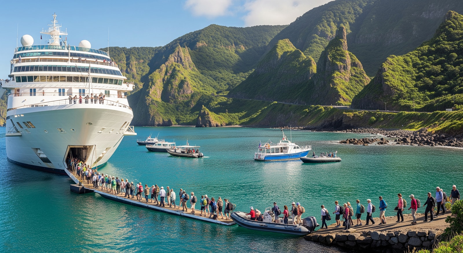 MV Azamara Journey docked with passengers exploring St Helena's coastline and local excursions
