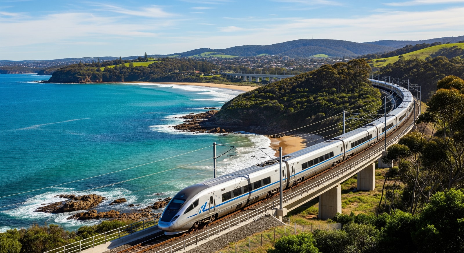 Concept image of high-speed rail linking Sydney and Newcastle along the New South Wales coast