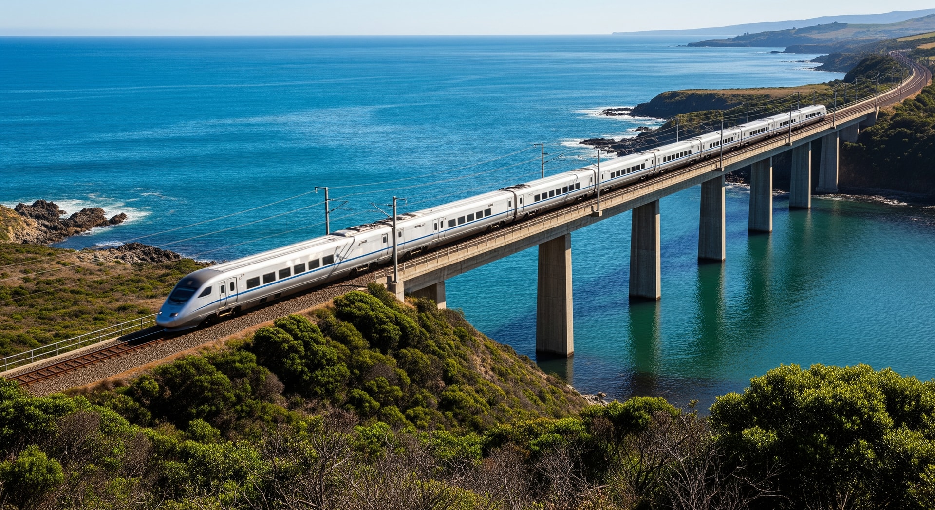 High-speed train concept traveling between Sydney and Newcastle across coastal New South Wales