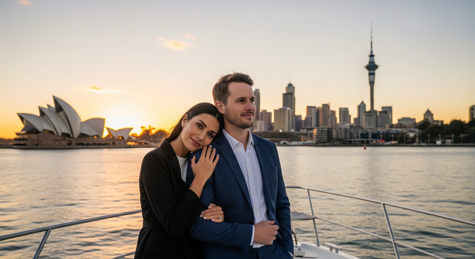 Couple enjoying a sunset cruise near iconic waterfront landmarks in Australia and New Zealand