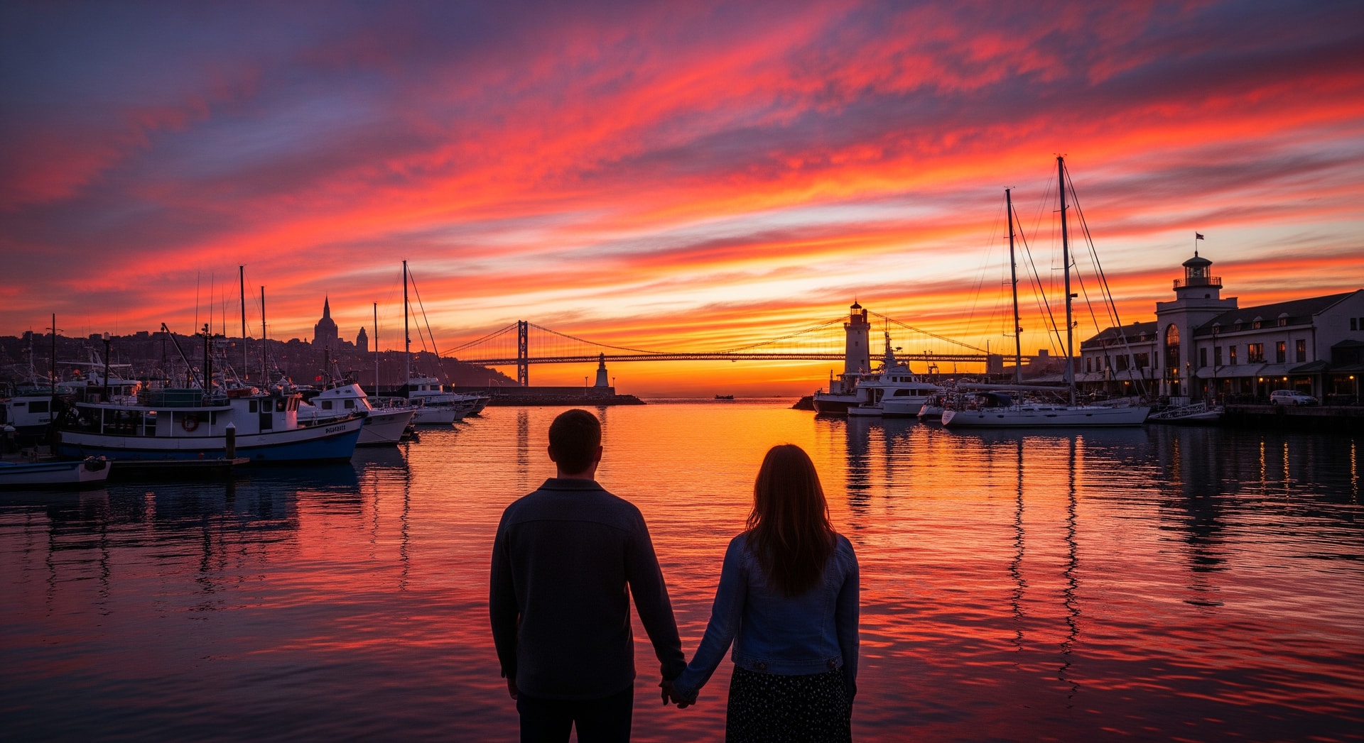 Couple enjoying a sunset over a harbor with iconic landmarks in the background