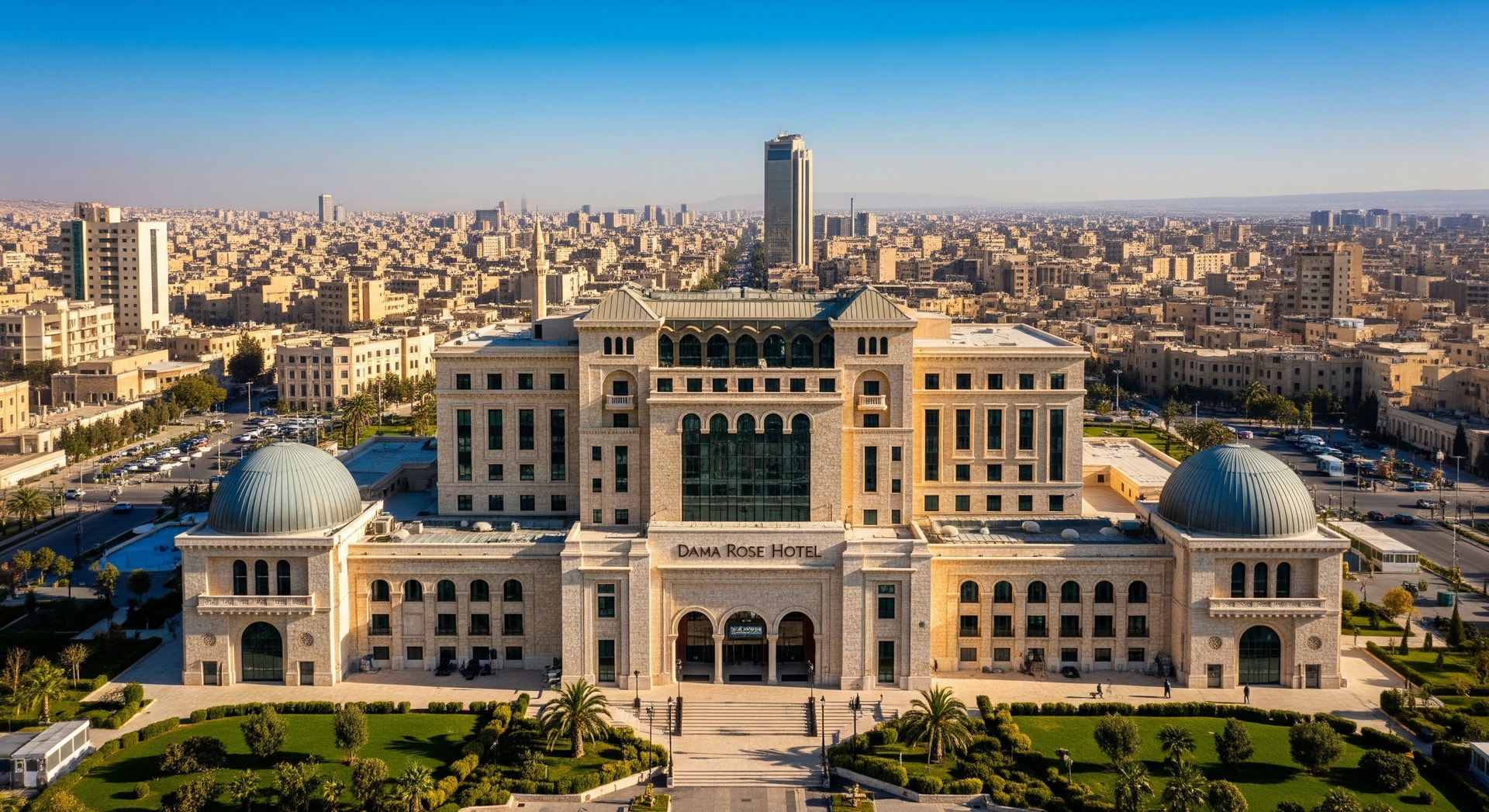 Dama Rose Hotel in Damascus, venue for the Syria Travel Show 2026, with city skyline in the background