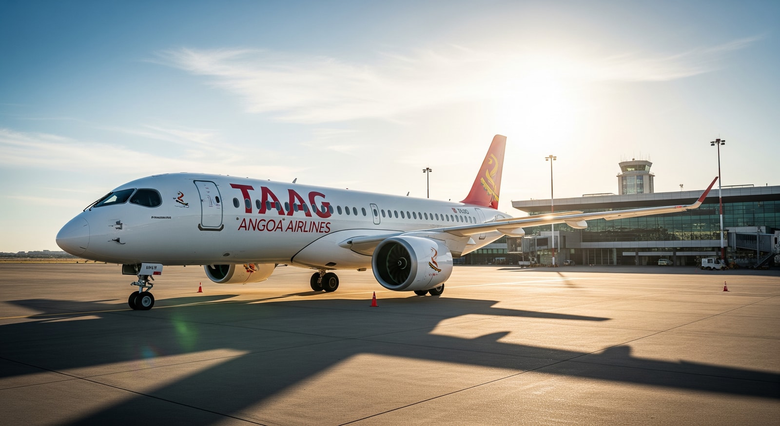 TAAG Airbus A220-300 parked at Luanda's Dr. António Agostinho Neto International Airport, illustrating fleet modernisation