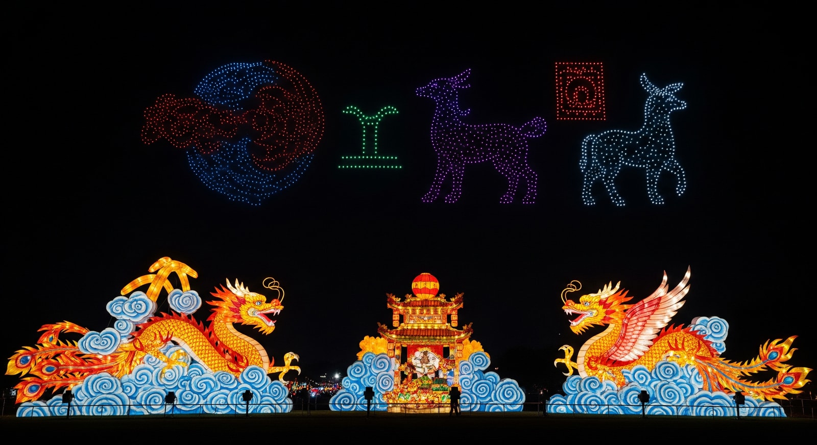 Illuminated lantern sculptures and drone light patterns at the Taiwan Lantern Festival in Chiayi