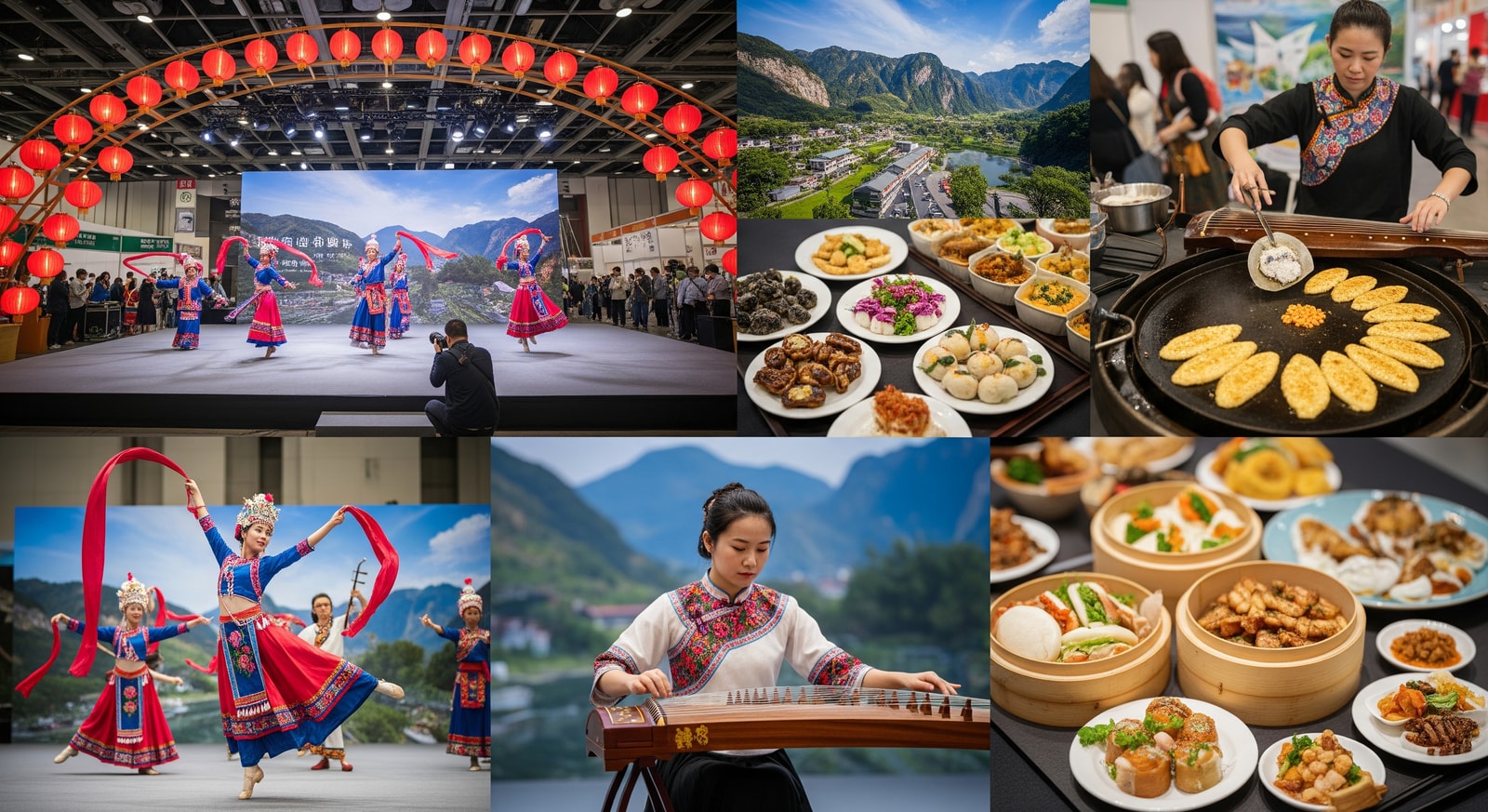 Taiwan pavilion exhibit at a travel show featuring cultural performances and food samples
