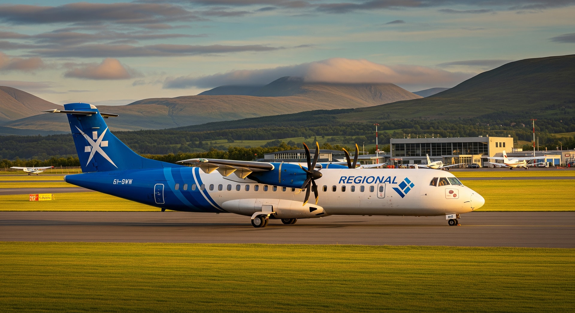 Regional passenger aircraft at a small European airport illustrating government-supported routes and travel deals