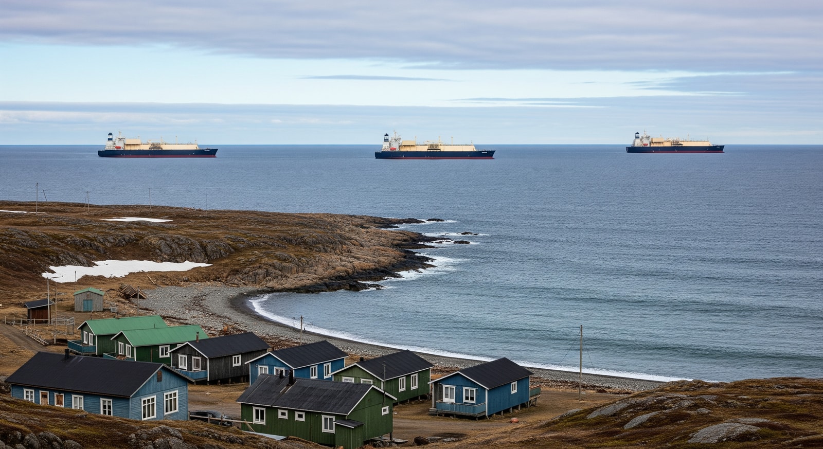 LNG tankers and Arctic shoreline near Teriberka with guest houses in the foreground