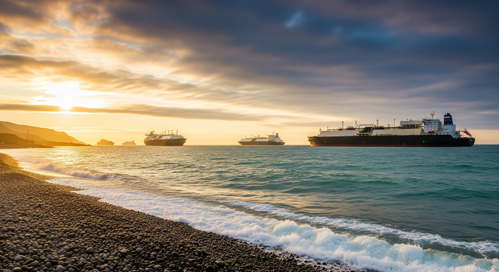 Teriberka shoreline with LNG tankers visible off the Barents Sea coast