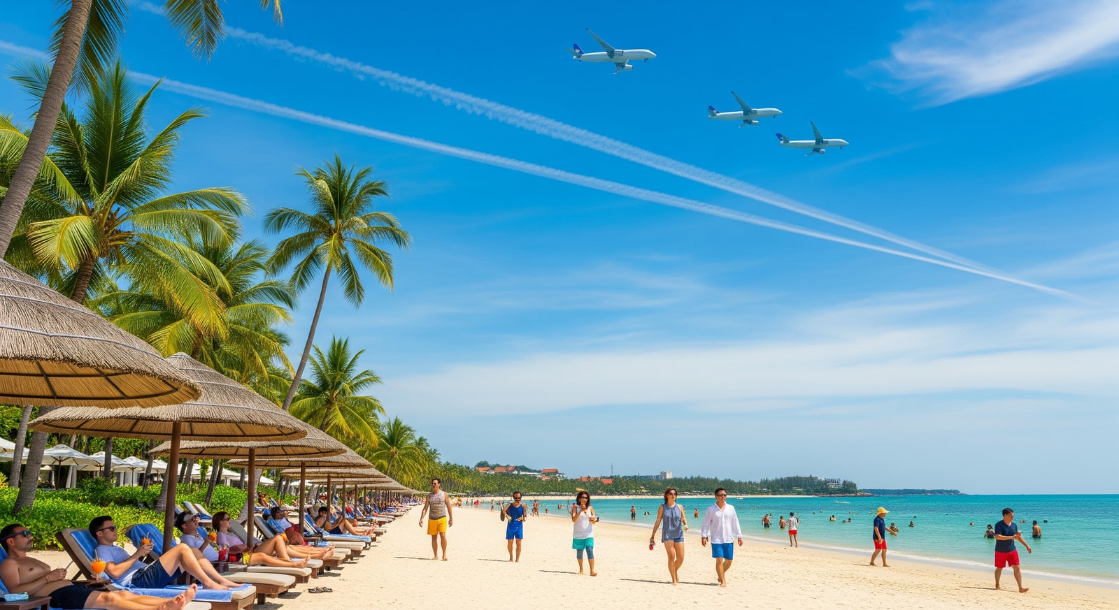 Tourists at a Thai beach resort and airplanes representing increased airline connectivity for Thailand tourism 2026