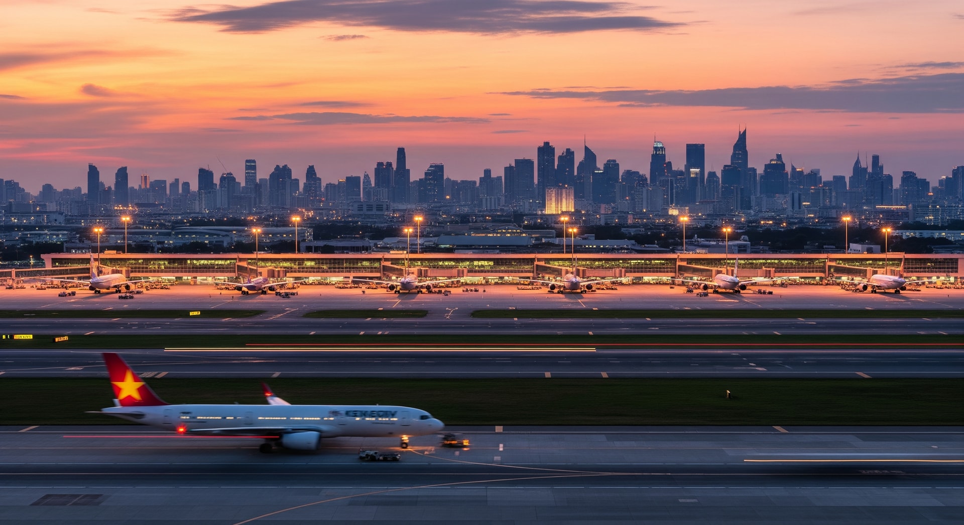 Tourists arriving at Bangkok airport with planes on the tarmac and city skyline