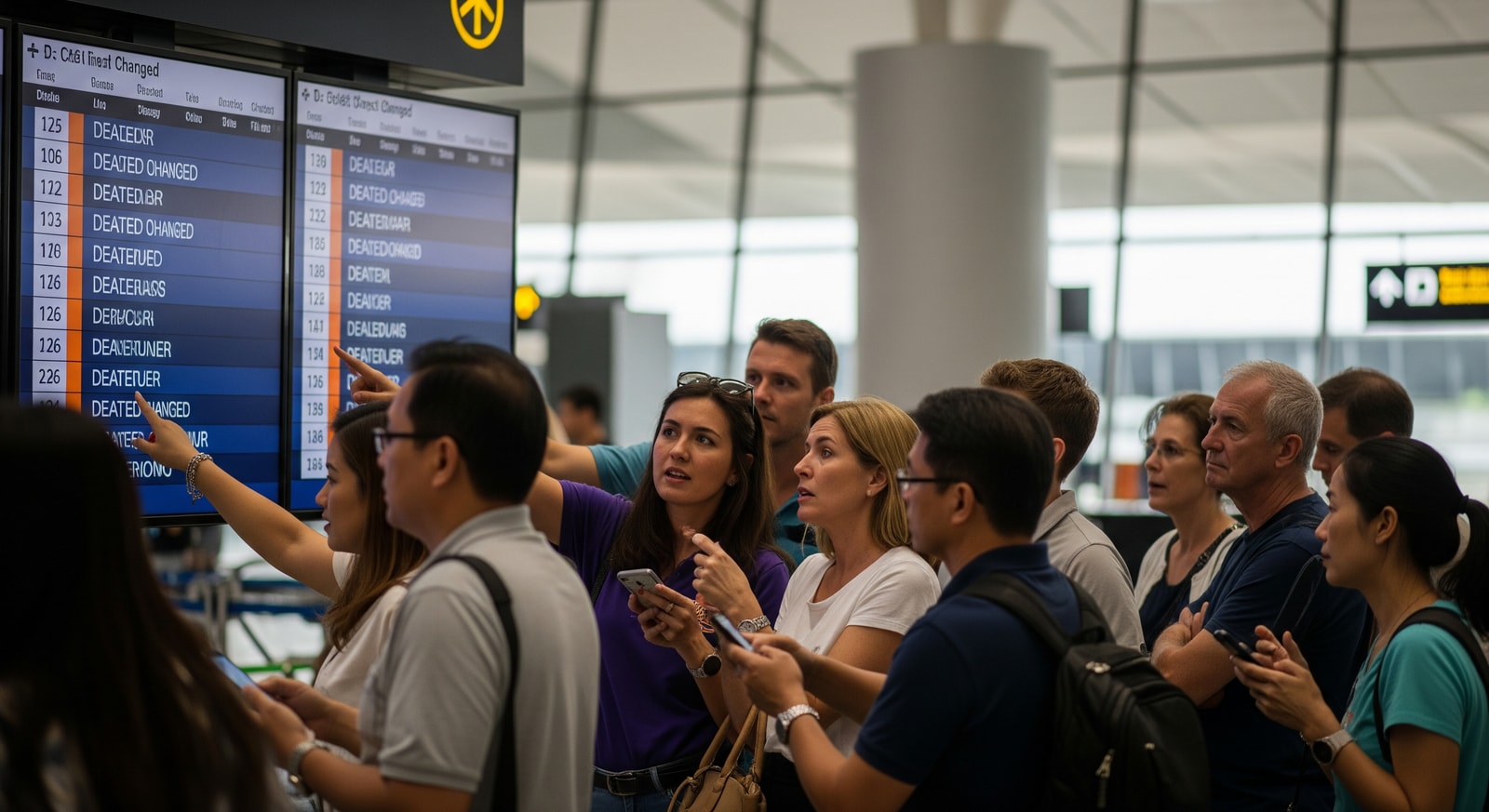 Passengers at Phuket International Airport checking flight information amid schedule changes