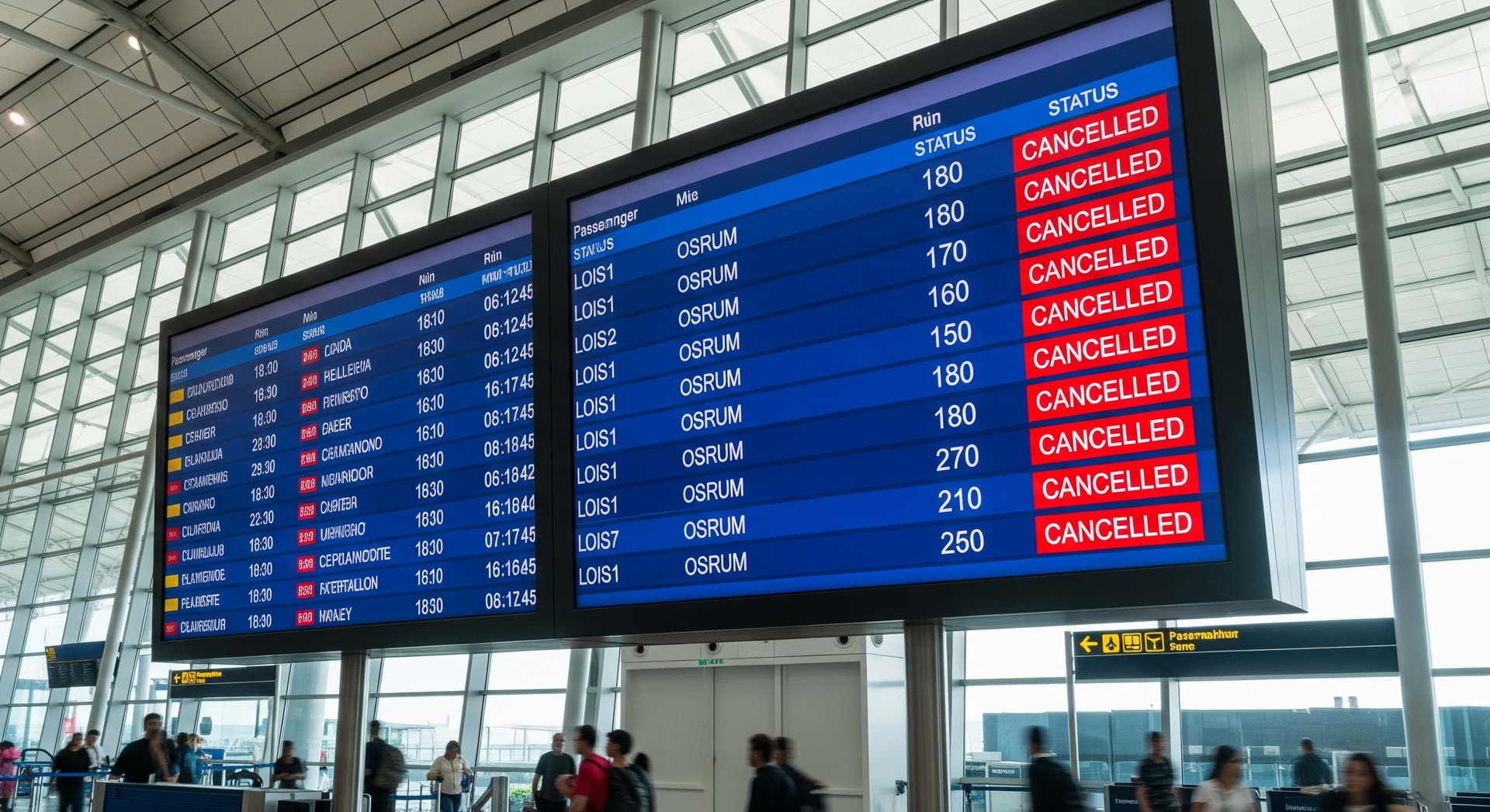 Passenger information display at Suvarnabhumi Airport showing cancelled flights
