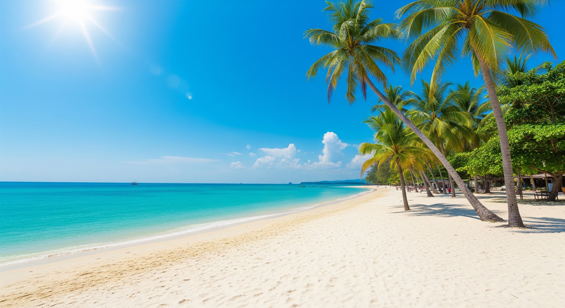 Beach scene in Thailand with turquoise water and palm trees, illustrating Thailand's appeal to British tourists